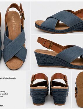 TOMS Women’s Blue Gray Canvas Criss Cross Espadrille Wedge Sandals W7.5